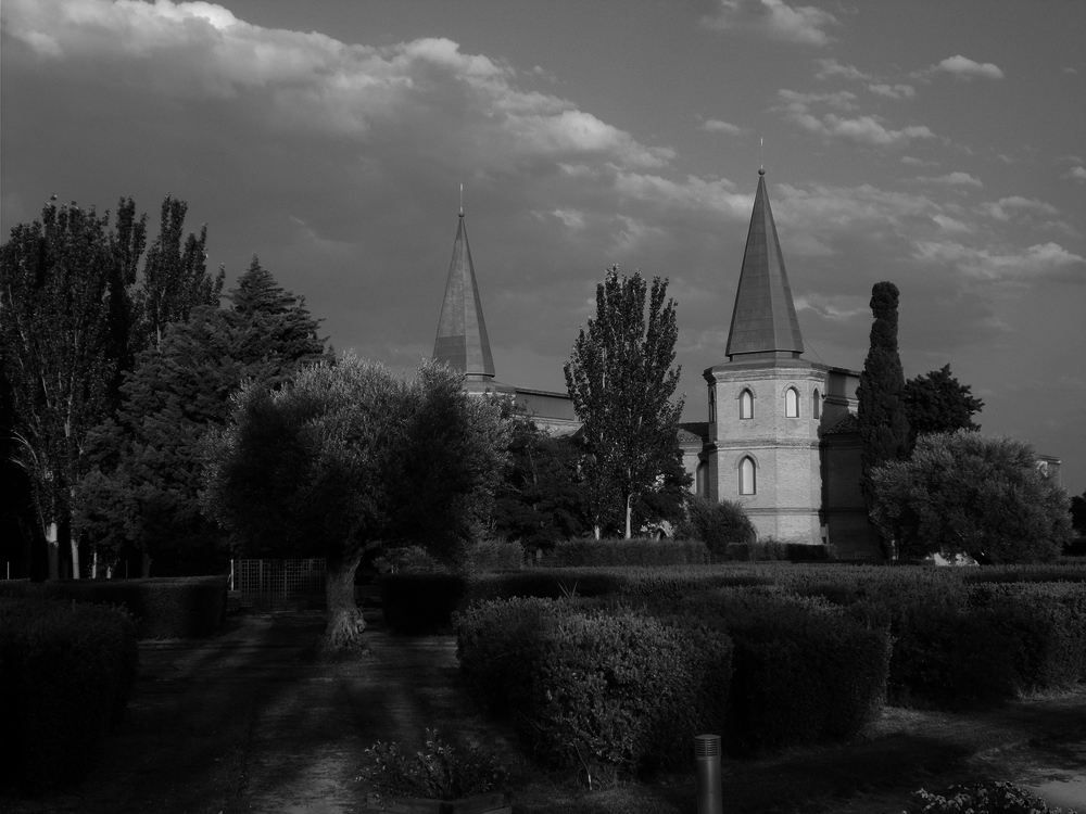 Jardín de la casa del General Palafox en la finca de la Alfranca (Pastriz, Zaragoza) modificada con convert -colorspace Gray